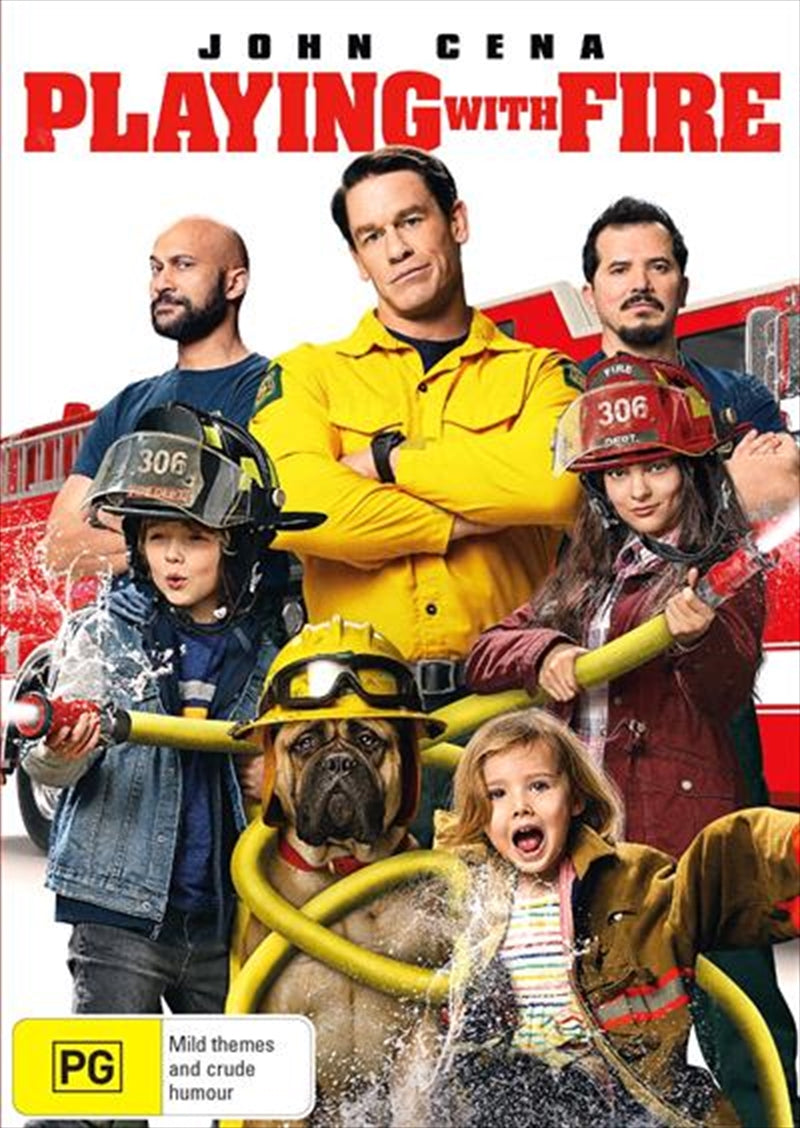 Cover of Playing With Fire DVD featuring rugged firefighters and playful kids in an adventurous scene.