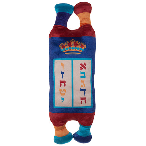 A colorful plush Torah toy designed for children, made from soft synthetic material, measuring 30cm in length, perfect for cuddling and learning.