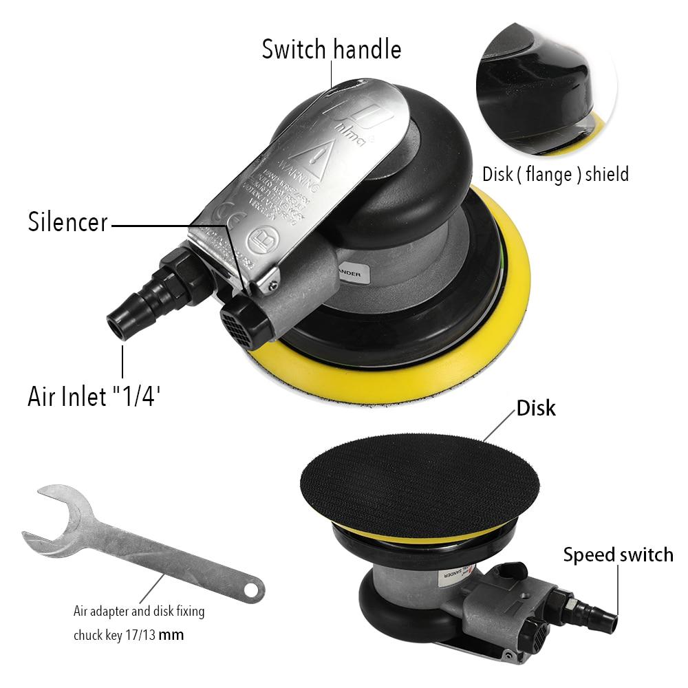 Pneumatic Tool Polishing Machine featuring a 5-inch round design, ideal for grinding and polishing tasks, showcasing its compact size and ergonomic shape.