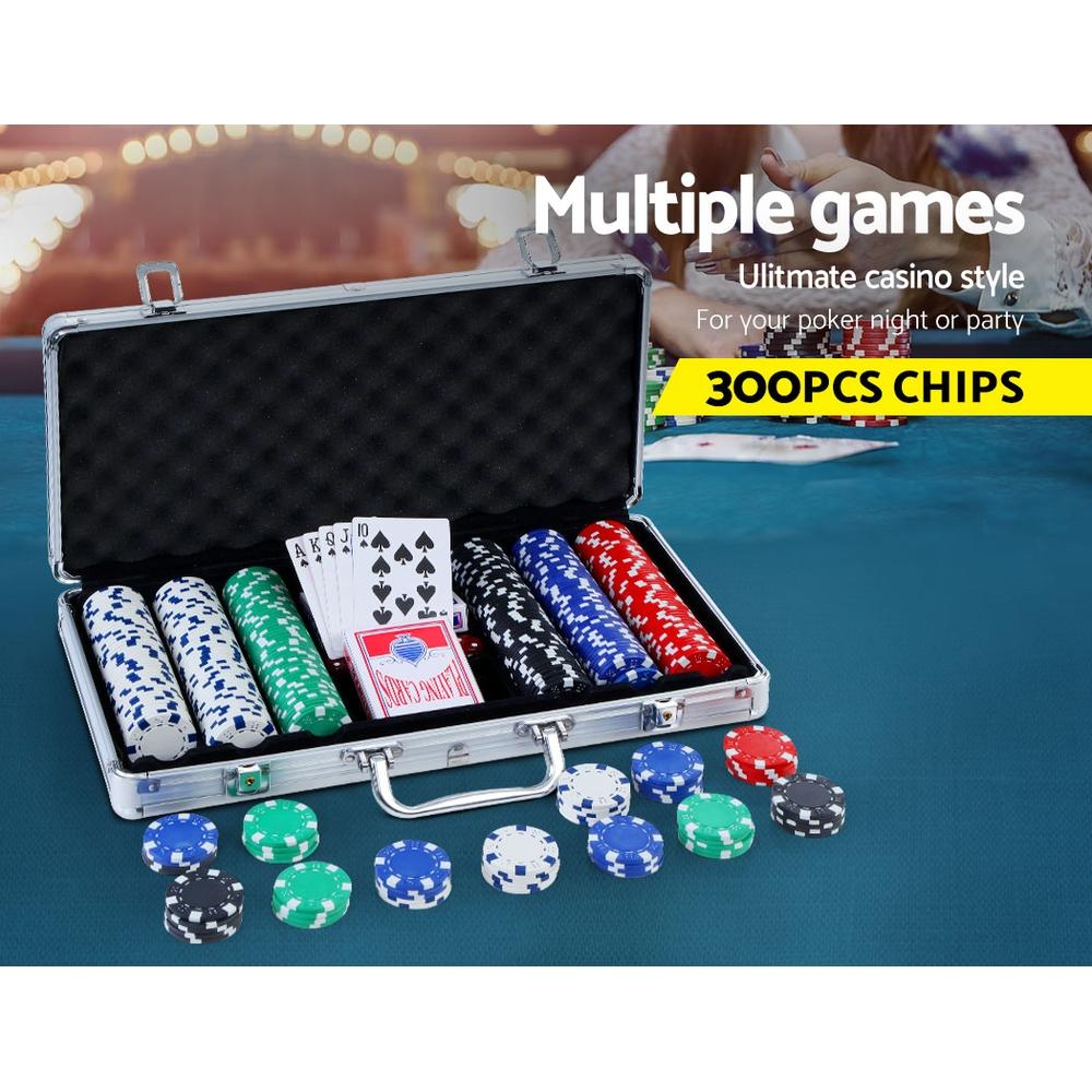 300PC Poker Chip Set with aluminum case, featuring colorful chips, playing cards, and dice for Texas Hold'em games.