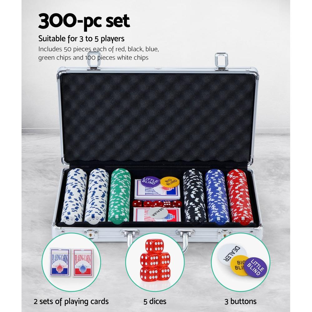 300PC Poker Chip Set with aluminum case, featuring colorful chips, playing cards, and dice for Texas Hold'em games.