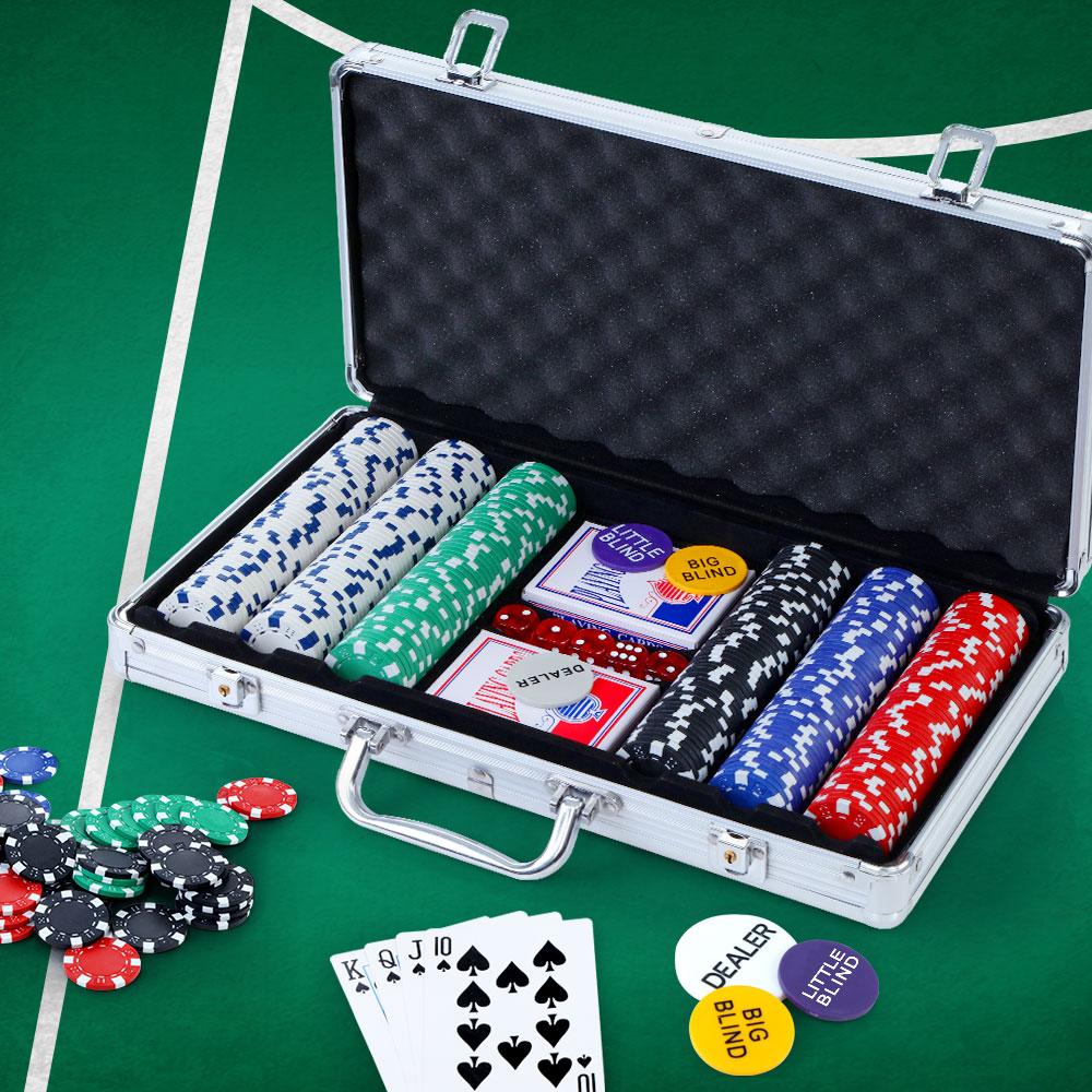 300PC Poker Chip Set with aluminum case, featuring colorful chips, playing cards, and dice for Texas Hold'em games.