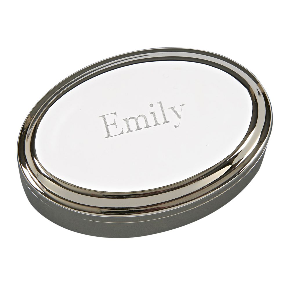 A polished oval box with a shiny nickel finish and dark blue flocked interior, perfect for gifts.