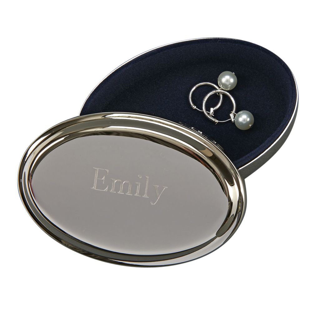 A polished oval box with a shiny nickel finish and dark blue flocked interior, perfect for gifts.