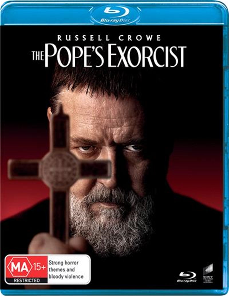 Blu-ray cover of The Pope's Exorcist featuring Russell Crowe, showcasing a dark and eerie design.