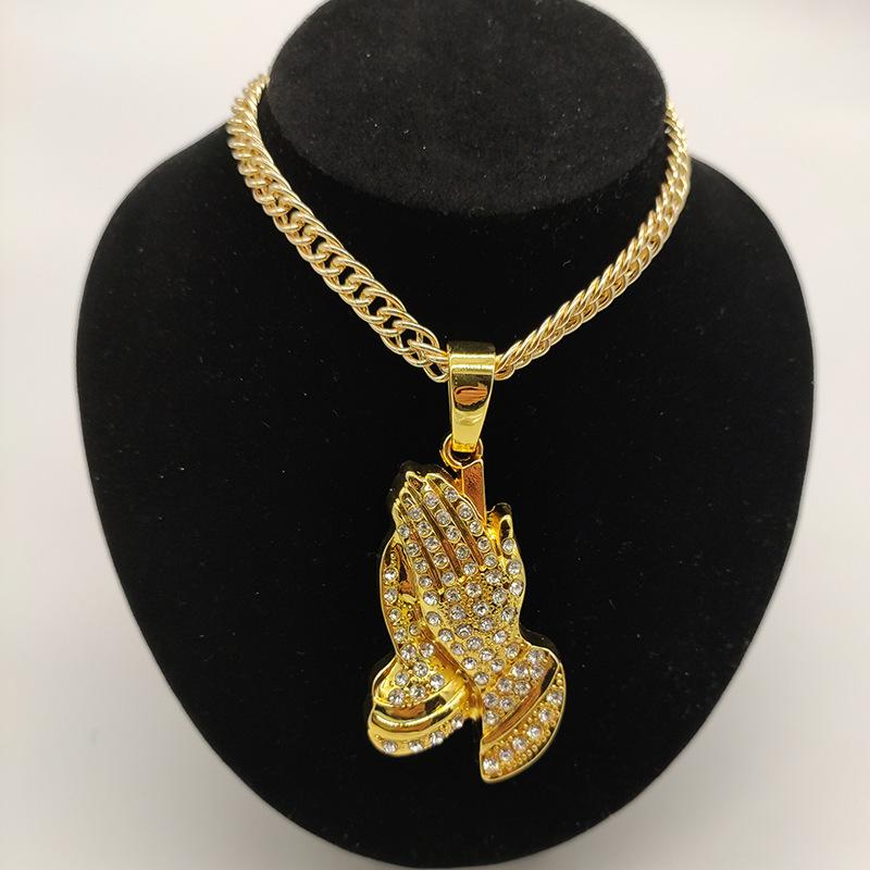 Popular Hip Hop Jewelry Rapper Rocker Hands Prayings Pendant Necklace in gold and silver, featuring a unique hands praying design.