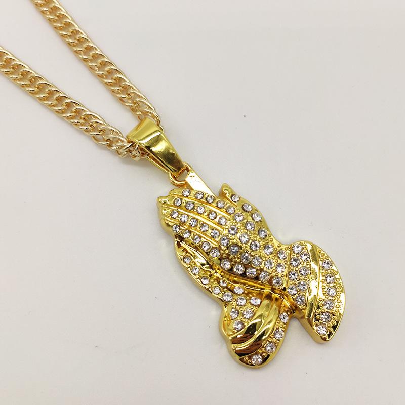 Popular Hip Hop Jewelry Rapper Rocker Hands Prayings Pendant Necklace in gold and silver, featuring a unique hands praying design.