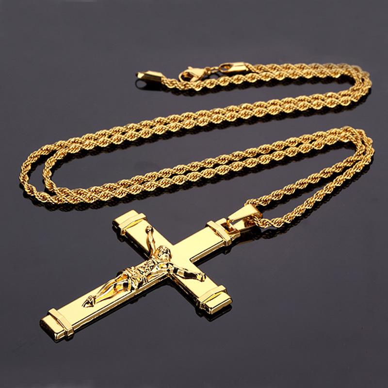 Gold-plated Jesus cross pendant necklace with rhinestones on a link chain, suitable for men and women.