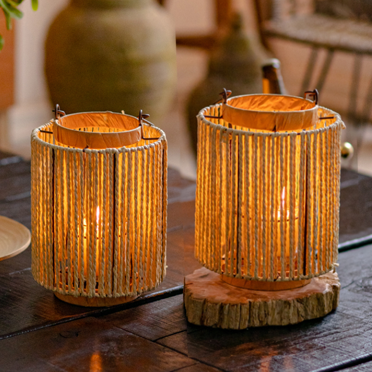 Portable Lantern Candle Holder in natural khaki color, featuring a hemp body and metal handle, perfect for indoor and outdoor decor.