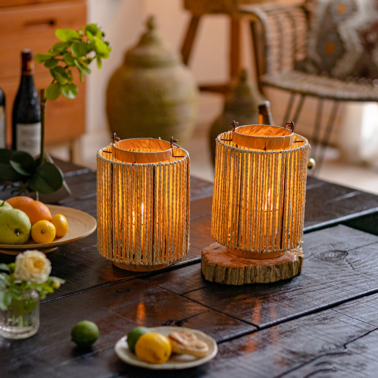 Portable Lantern Candle Holder in natural khaki color, featuring a hemp body and metal handle, perfect for indoor and outdoor decor.