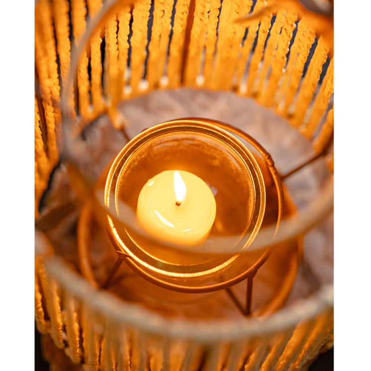 Portable Lantern Candle Holder in natural khaki color, featuring a hemp body and metal handle, perfect for indoor and outdoor decor.