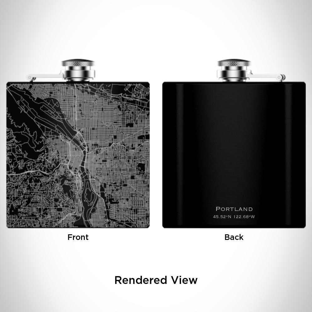 Custom engraved matte black hip flask featuring a detailed map of Portland, Oregon with coordinates.