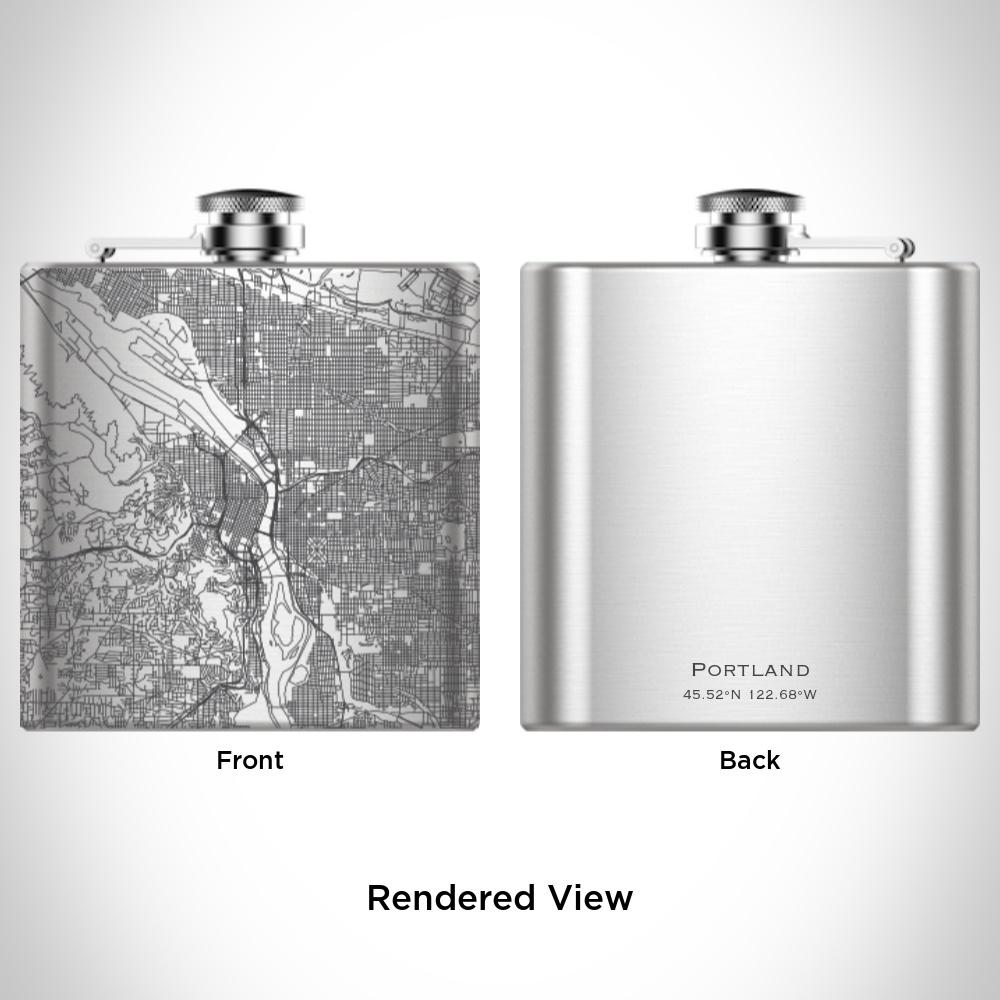 Custom engraved 6oz hip flask featuring a detailed map of Portland, Oregon with coordinates, accompanied by a canvas bag and funnel.