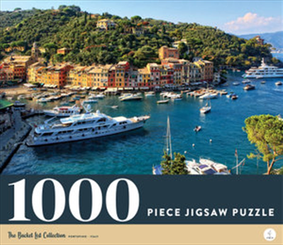 A vibrant 1000 piece jigsaw puzzle featuring the picturesque Portofino, Italy, showcasing pastel-colored houses and a scenic harbor.