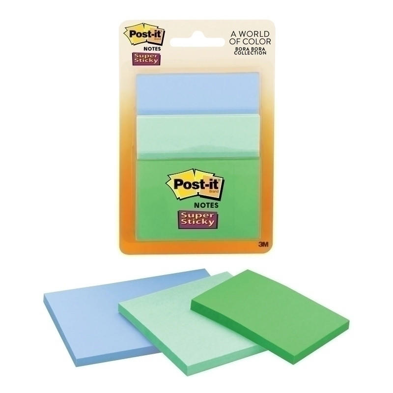 A pack of POST-IT Super Sticky Note 3432-SST in vibrant colors, showcasing their strong adhesive and versatility for note-taking.