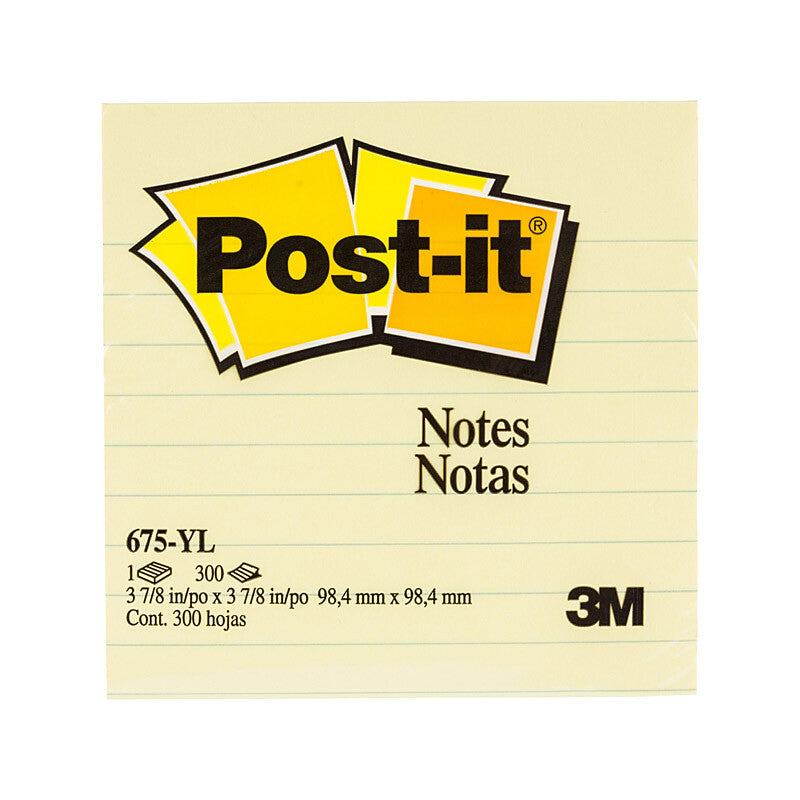 A box of 12 POST-IT Note 675-YL Yellow lined sticky notes, each measuring 98x98mm, ideal for reminders and organization.