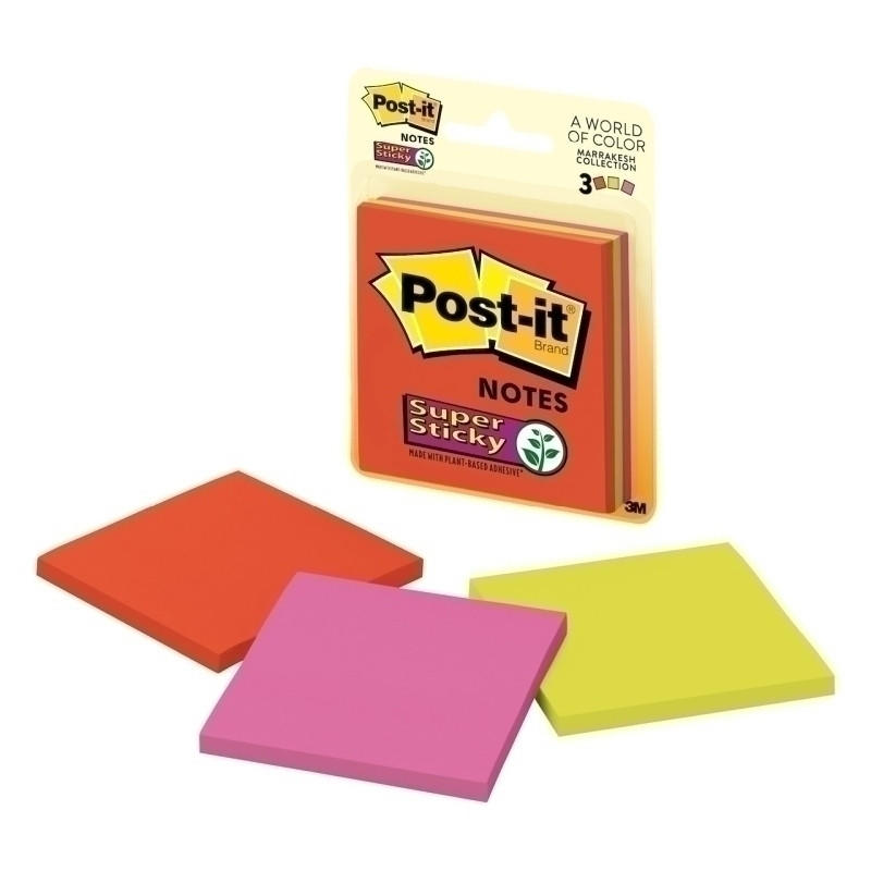 A pack of POST-IT Super Sticky Notes 3321-SSAN in vibrant colors, showcasing their super sticky adhesive and multiple note sizes.