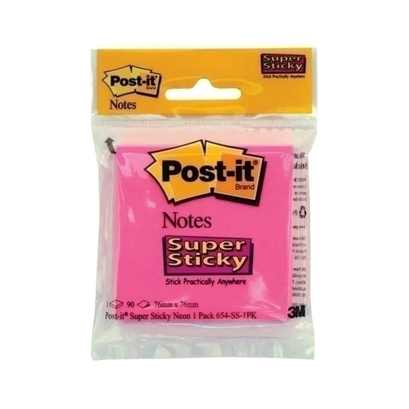 A pack of POST-IT Super Sticky Notes in vibrant colors, showcasing their sticky adhesive and usability for reminders and notes.