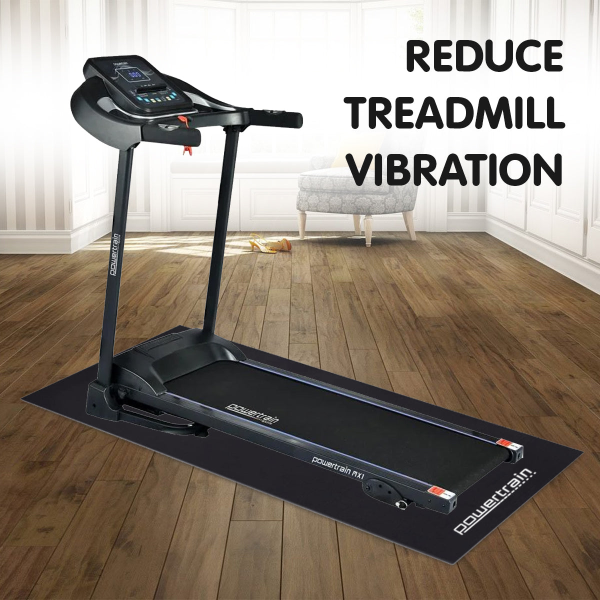 Powertrain 1.5m Exercise Equipment Mat in black, showcasing its textured non-slip surface and thick EVA material.