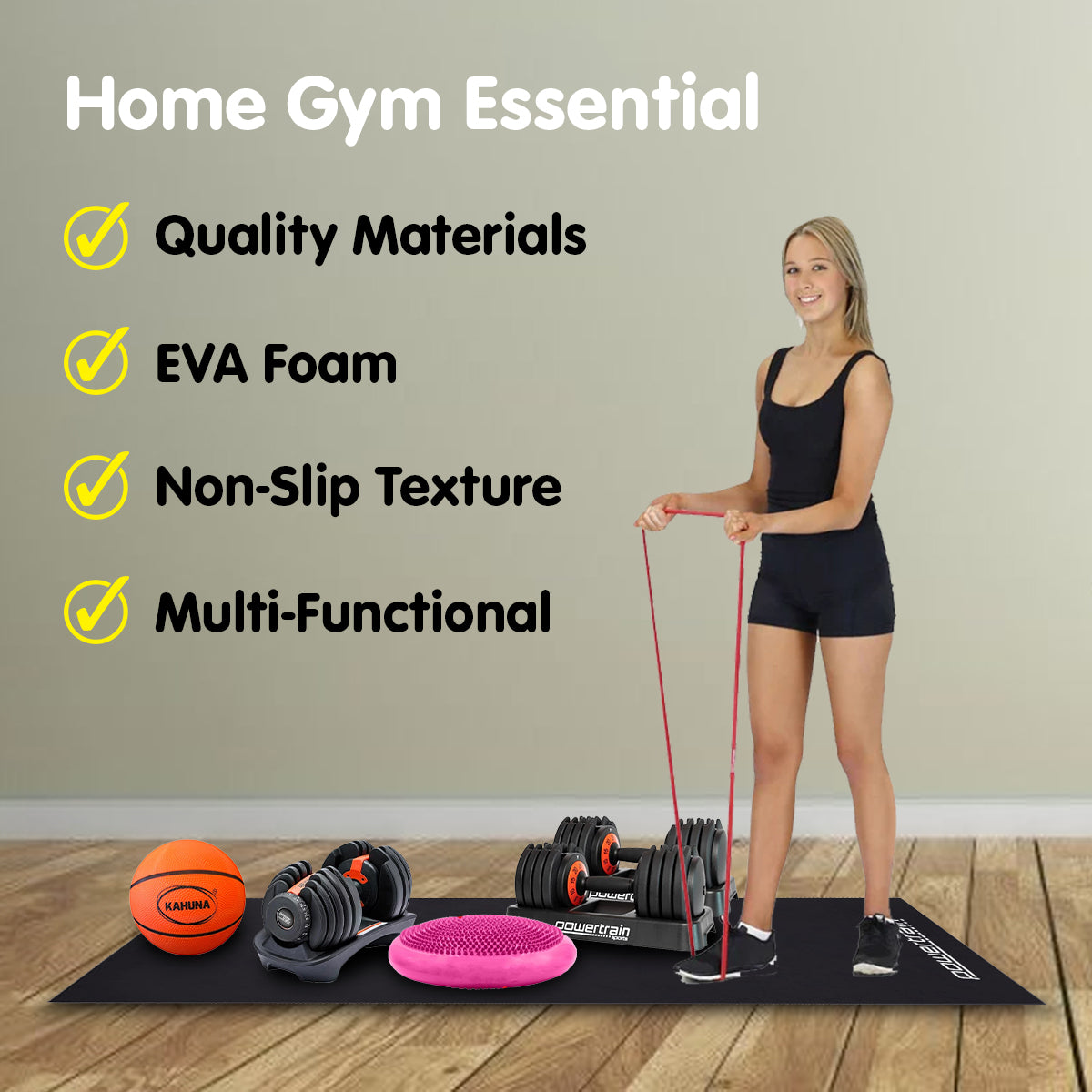 Powertrain 1.5m Exercise Equipment Mat in black, showcasing its textured non-slip surface and thick EVA material.