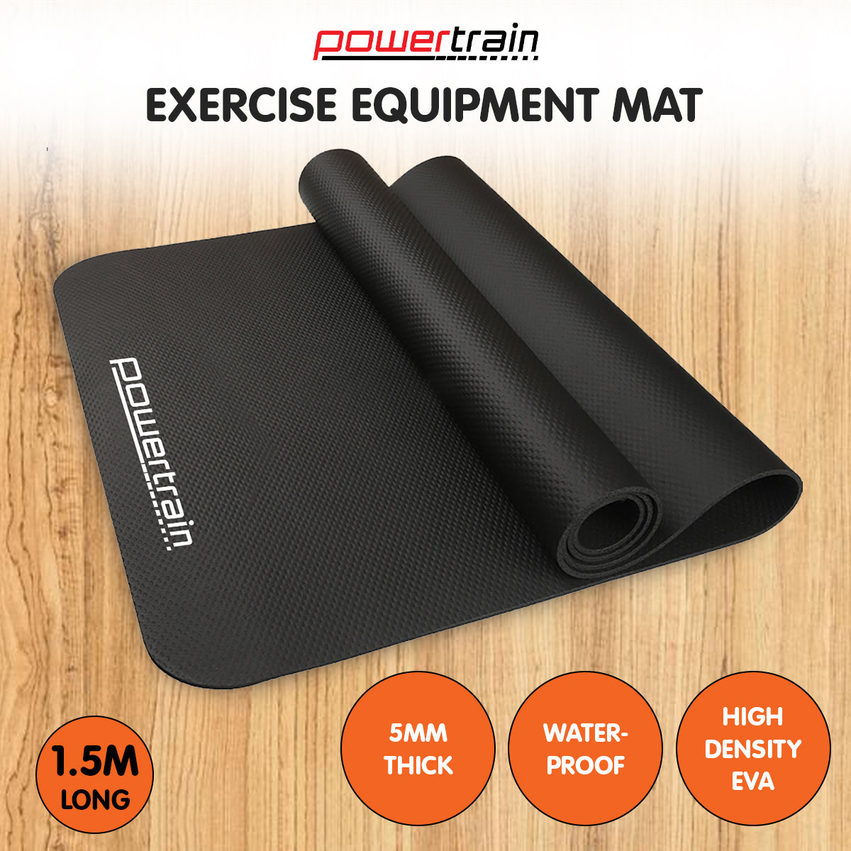 Powertrain 1.5m Exercise Equipment Mat in black, showcasing its textured non-slip surface and thick EVA material.