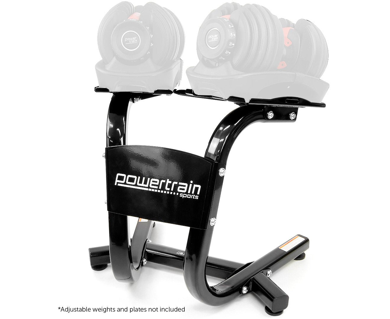 Powertrain Adjustable Dumbbells Stand designed for ergonomic lifting and lower back support, suitable for 24kg and 40kg dumbbells.