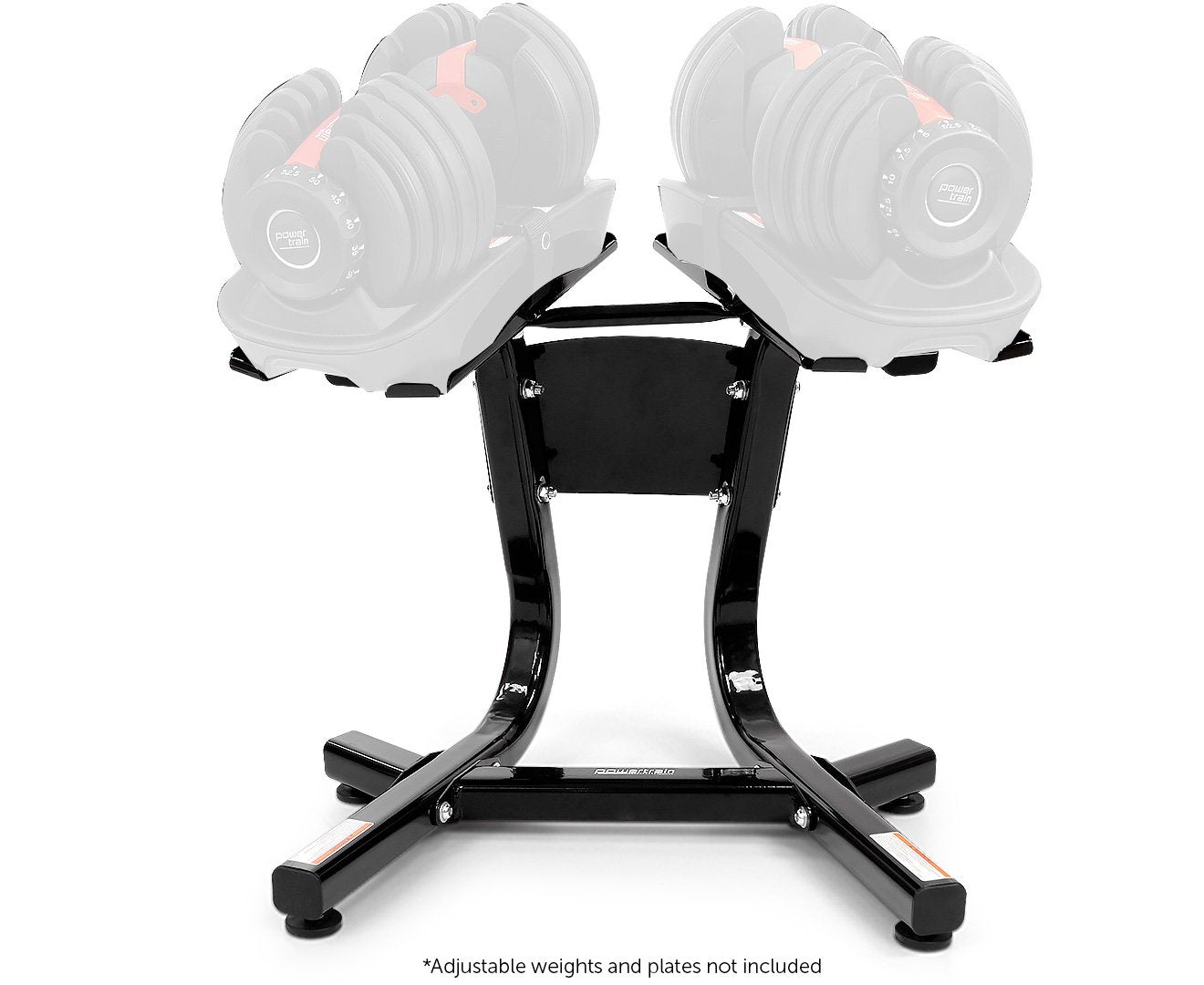 Powertrain Adjustable Dumbbells Stand designed for ergonomic lifting and lower back support, suitable for 24kg and 40kg dumbbells.