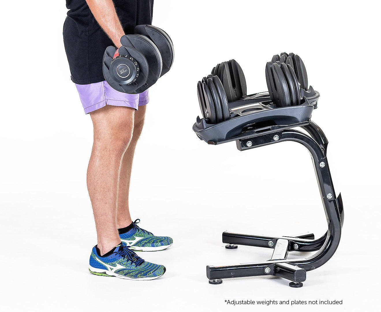 Powertrain Adjustable Dumbbells Stand designed for ergonomic lifting and lower back support, suitable for 24kg and 40kg dumbbells.