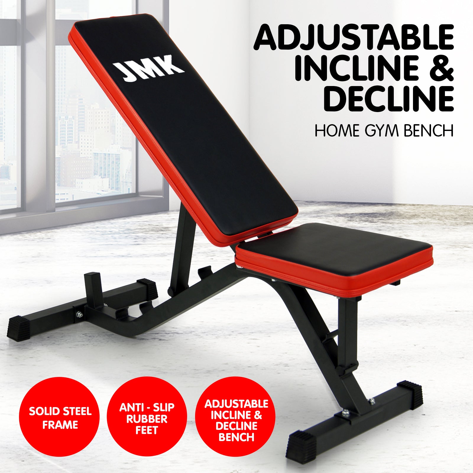 Powertrain Adjustable Incline Decline Home Gym Bench with thick padding and robust steel frame, ideal for versatile workouts.