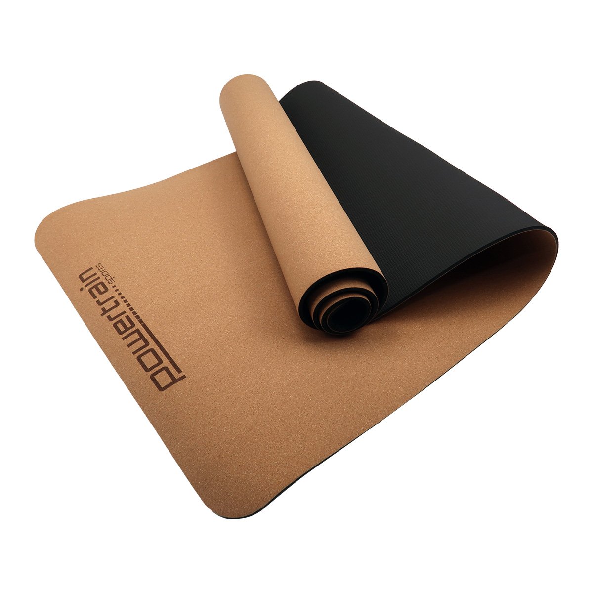 Powertrain Cork Yoga Mat with carry straps, featuring a natural cork surface and non-slip design, ideal for home gym and Pilates.