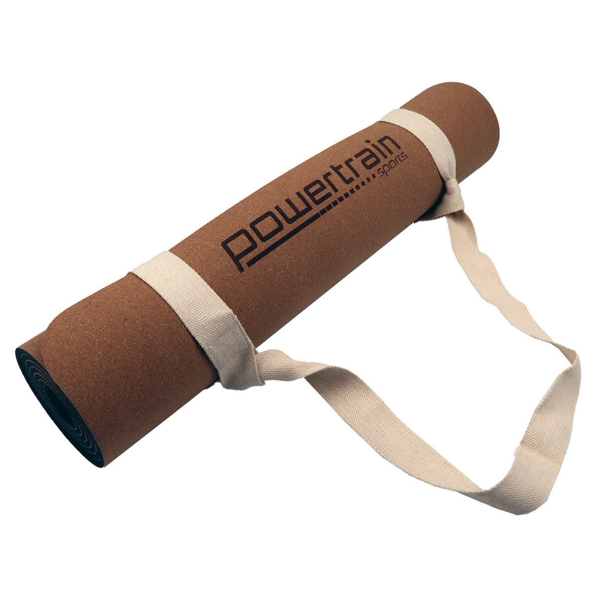 Powertrain Cork Yoga Mat with carry straps, featuring a natural cork surface and non-slip design, ideal for home gym and Pilates.