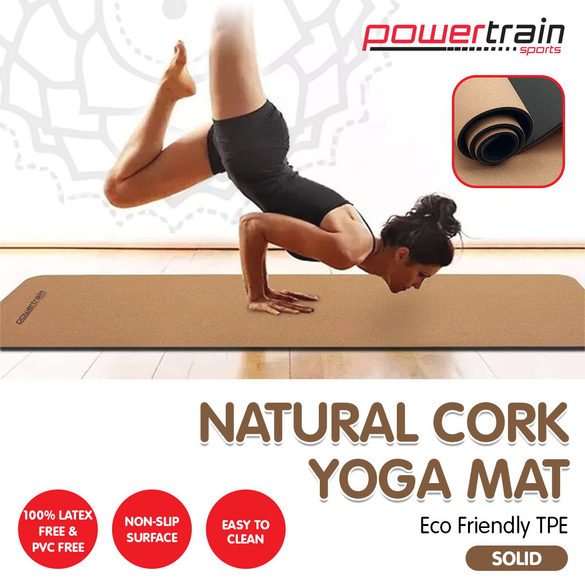 Powertrain Cork Yoga Mat with carry straps, featuring a natural cork surface and non-slip design, ideal for home gym and Pilates.