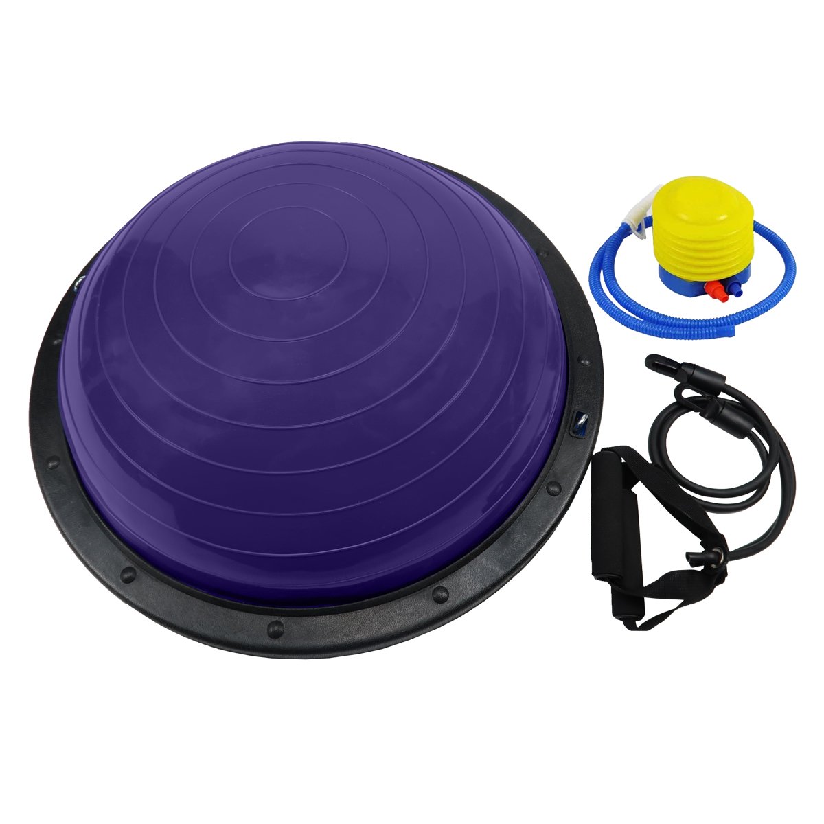 Powertrain Fitness Yoga Ball in purple, 58cm size, featuring a flat side for stability and a dome for balance exercises, with resistance band and pump.