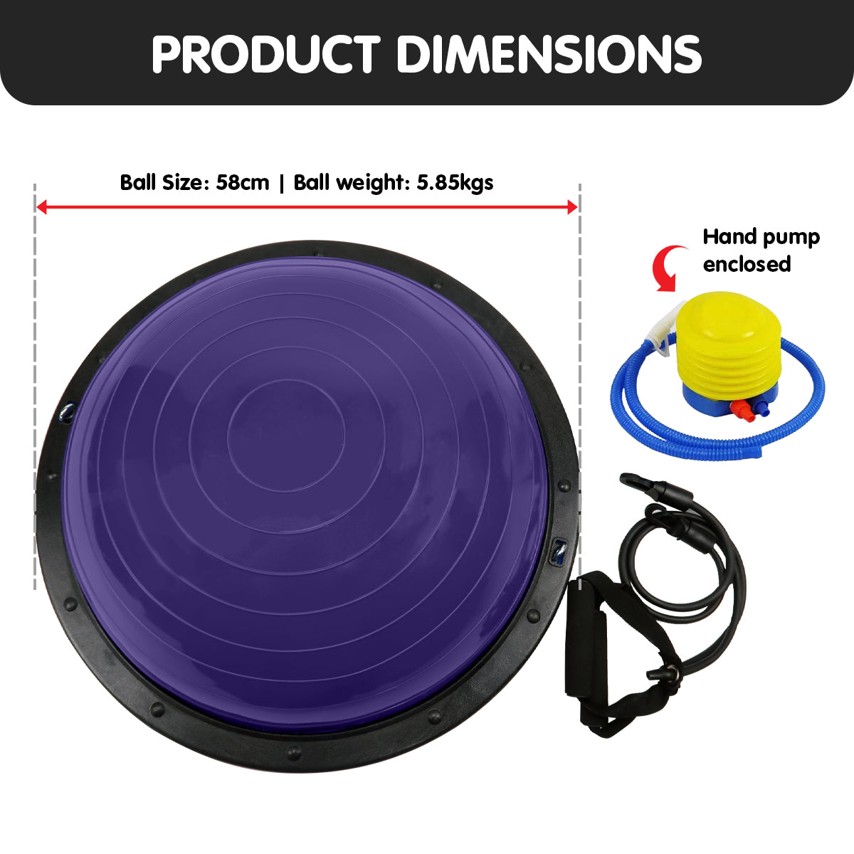 Powertrain Fitness Yoga Ball in purple, 58cm size, featuring a flat side for stability and a dome for balance exercises, with resistance band and pump.