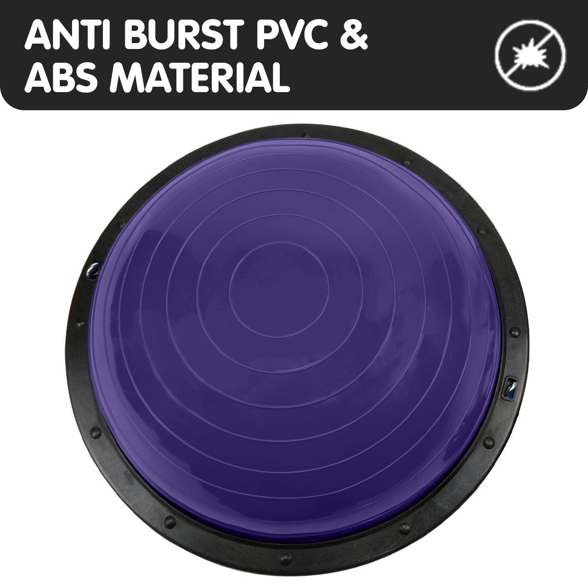 Powertrain Fitness Yoga Ball in purple, 58cm size, featuring a flat side for stability and a dome for balance exercises, with resistance band and pump.