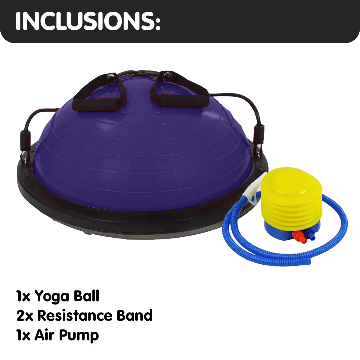 Powertrain Fitness Yoga Ball in purple, 58cm size, featuring a flat side for stability and a dome for balance exercises, with resistance band and pump.