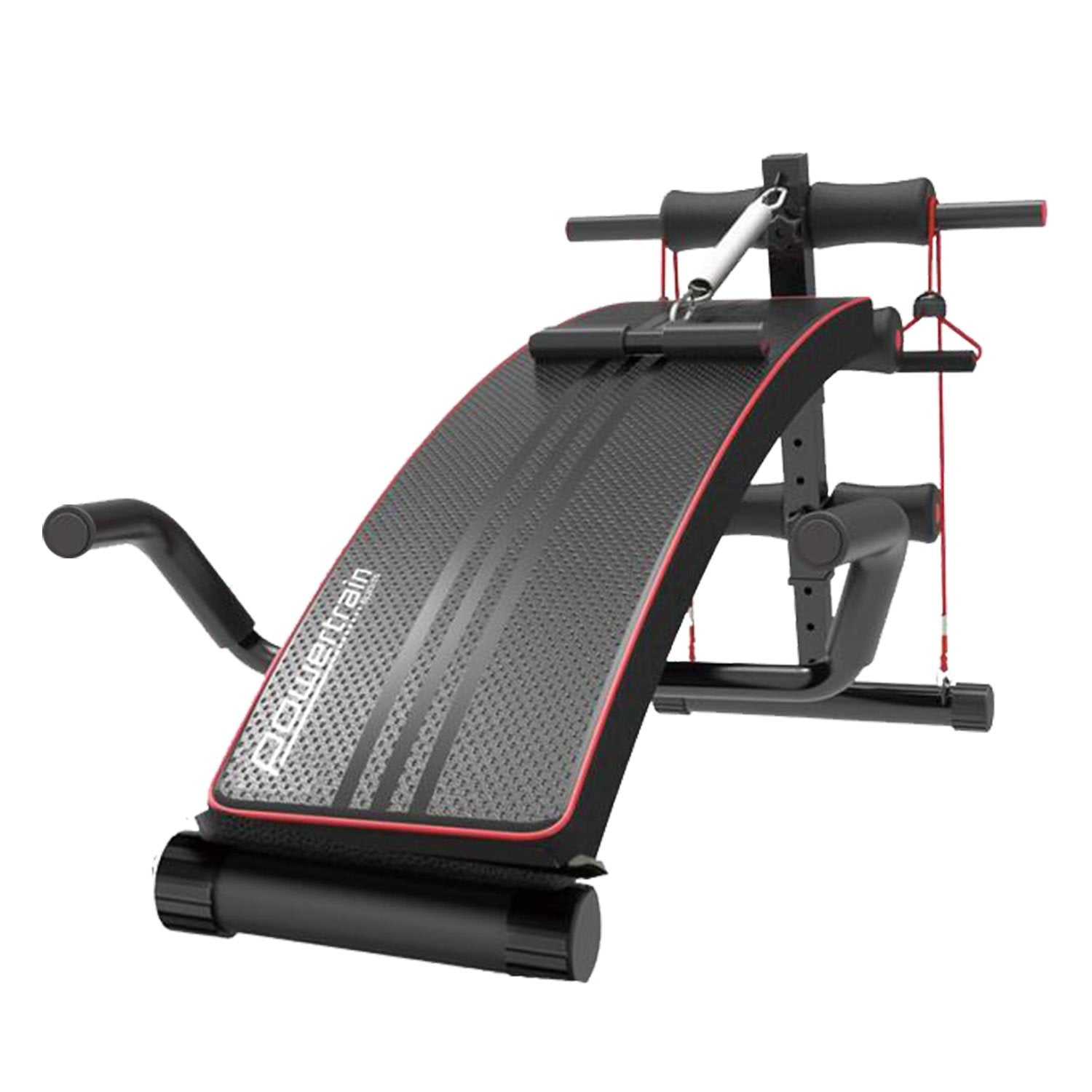 Powertrain Incline Sit-Up Bench with resistance bands and rowing bar, featuring a sleek black and red design, padded foam rollers, and adjustable incline.