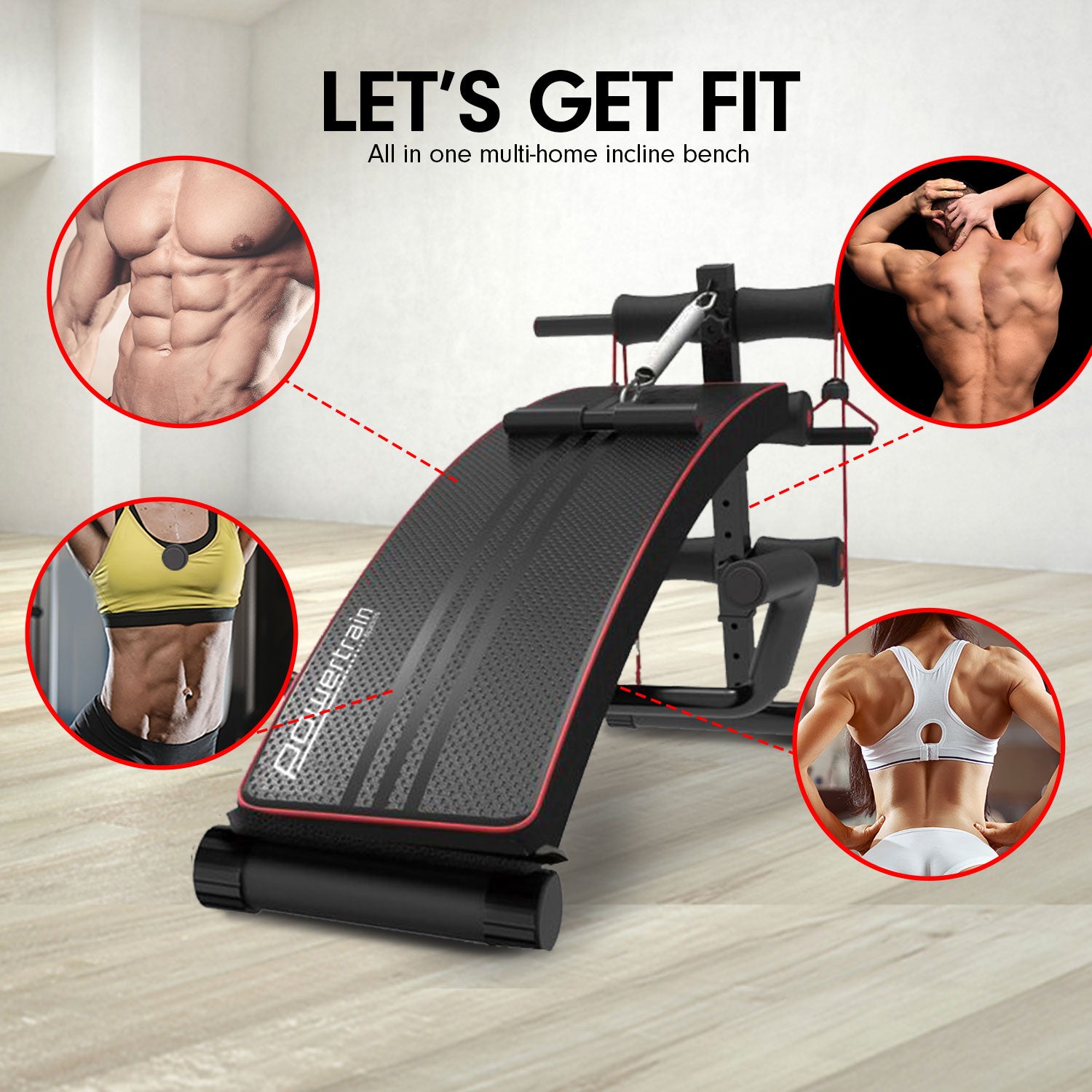 Powertrain Incline Sit-Up Bench with resistance bands and rowing bar, featuring a sleek black and red design, padded foam rollers, and adjustable incline.