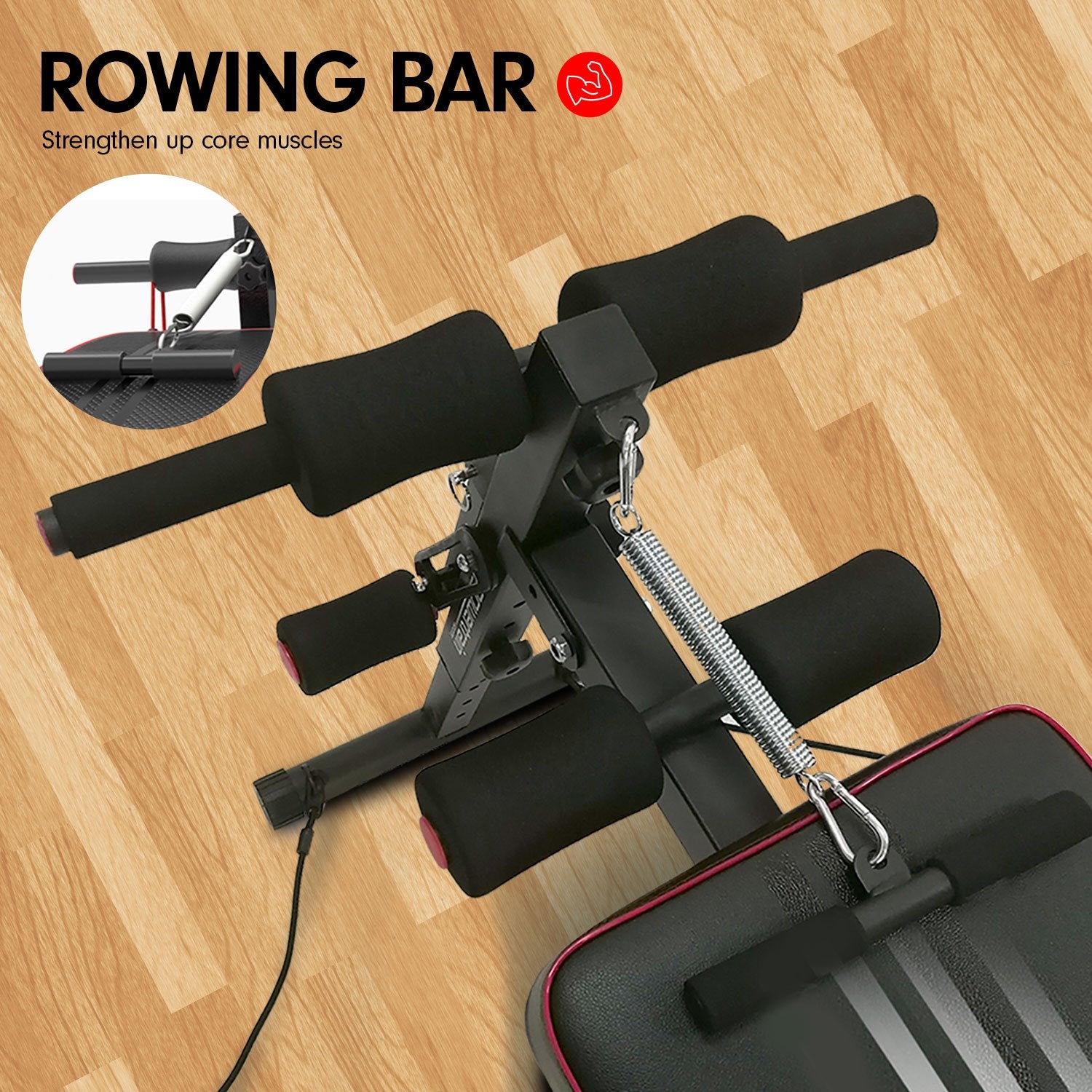 Powertrain Incline Sit-Up Bench with resistance bands and rowing bar, featuring a sleek black and red design, padded foam rollers, and adjustable incline.