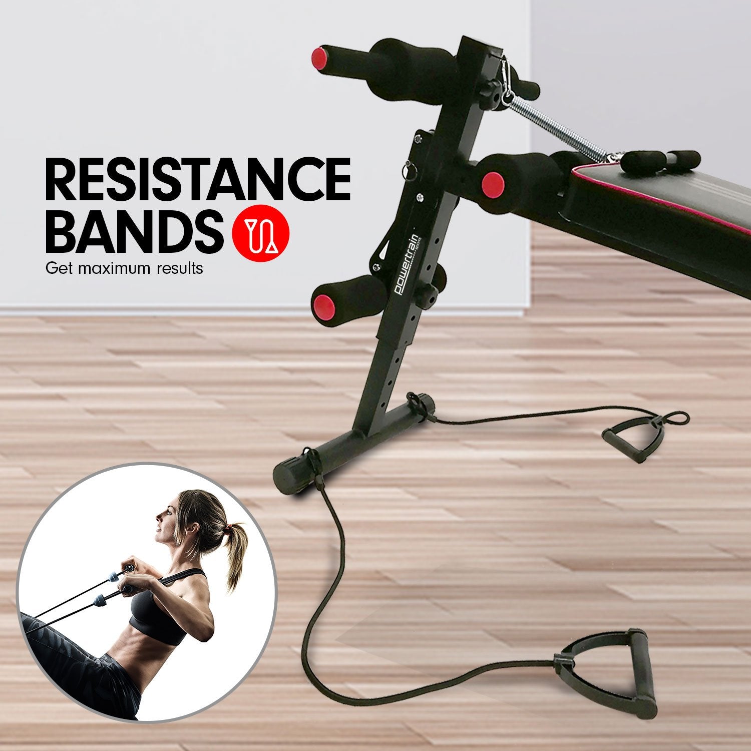 Powertrain Incline Sit-Up Bench with resistance bands and rowing bar, featuring a sleek black and red design, padded foam rollers, and adjustable incline.