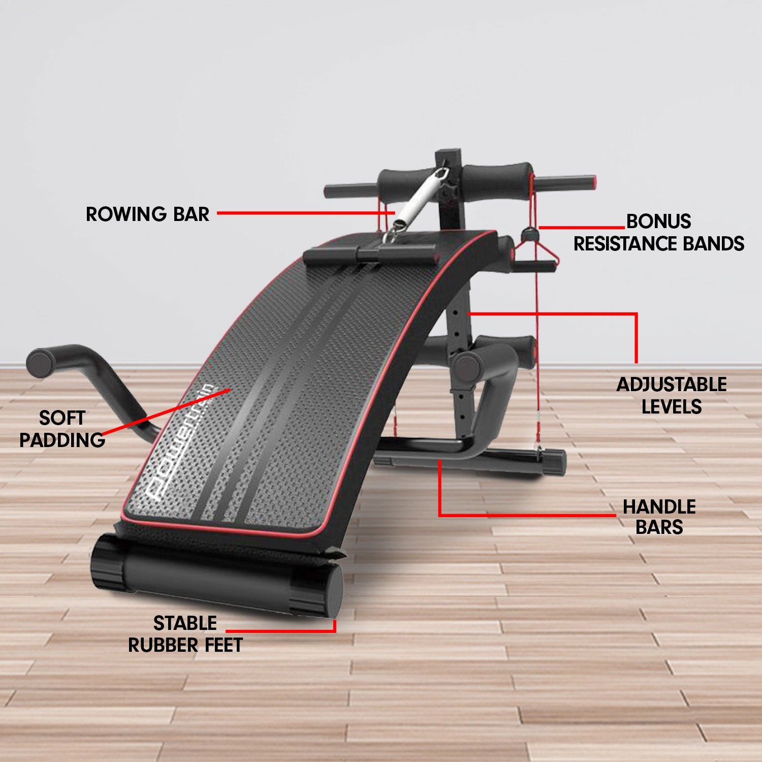 Powertrain Incline Sit-Up Bench with resistance bands and rowing bar, featuring a sleek black and red design, padded foam rollers, and adjustable incline.