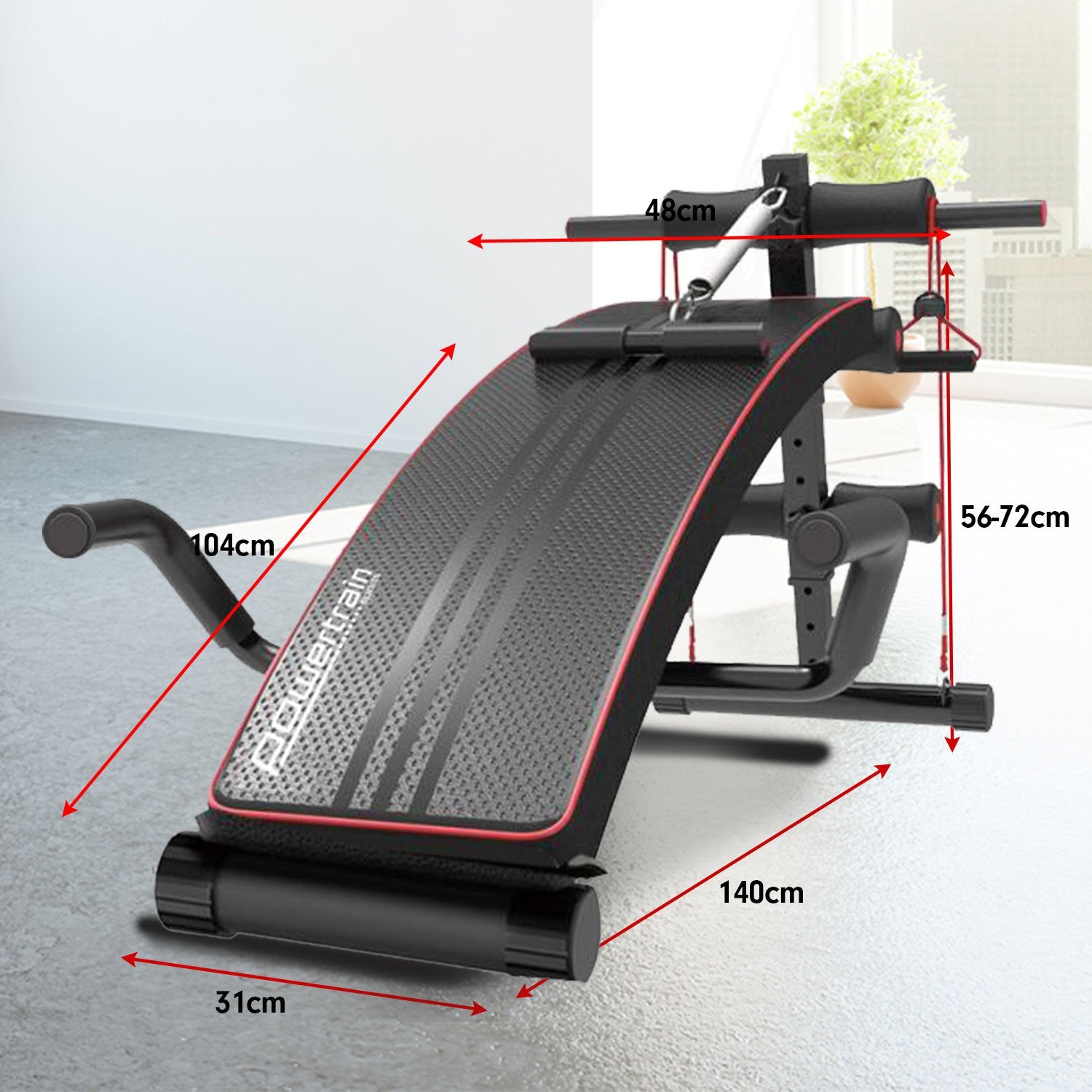 Powertrain Incline Sit-Up Bench with resistance bands and rowing bar, featuring a sleek black and red design, padded foam rollers, and adjustable incline.