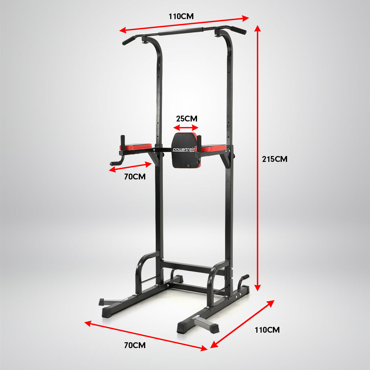 Powertrain Multi Station for chin-ups, pull-ups, and dips, featuring padded armrests and a sturdy steel frame.