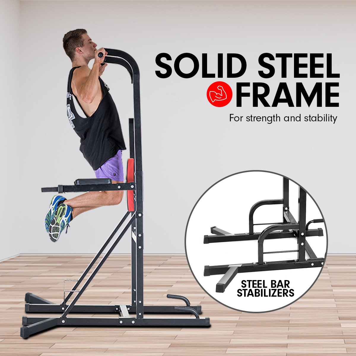 Powertrain Multi Station for chin-ups, pull-ups, and dips, featuring padded armrests and a sturdy steel frame.