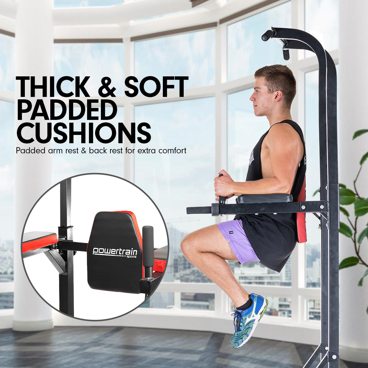 Powertrain Multi Station for chin-ups, pull-ups, and dips, featuring padded armrests and a sturdy steel frame.