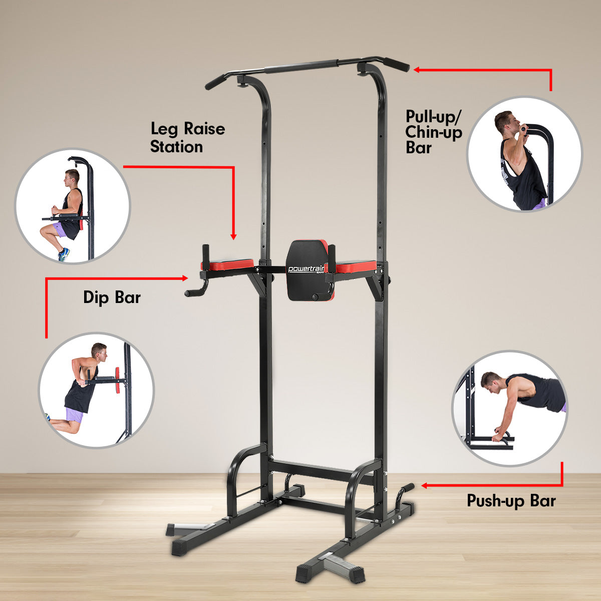 Powertrain Multi Station for chin-ups, pull-ups, and dips, featuring padded armrests and a sturdy steel frame.