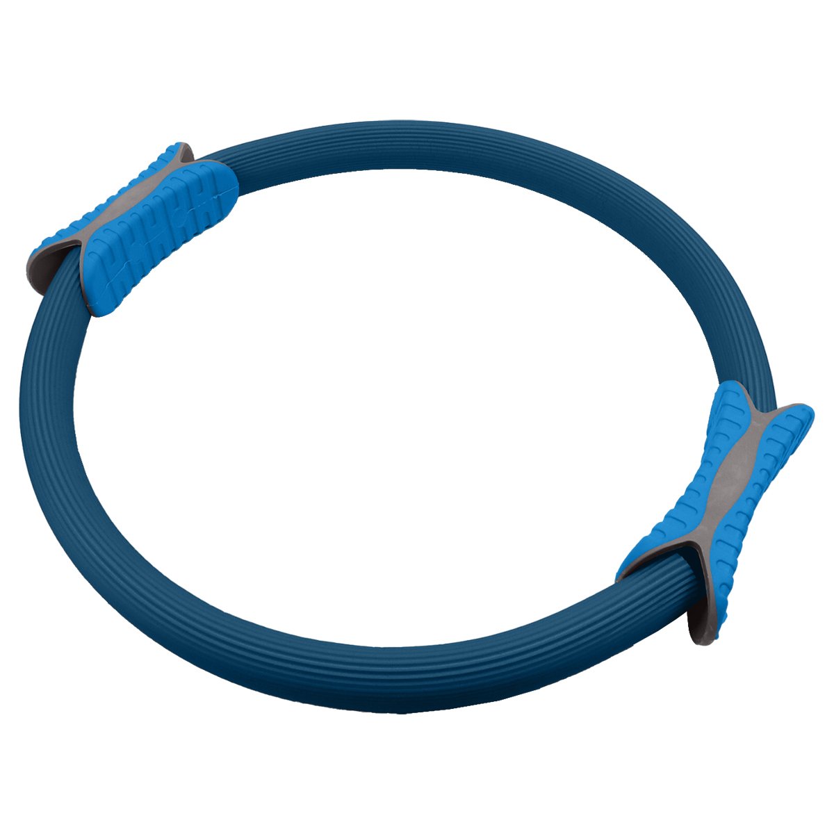 Powertrain Pilates Ring Band in blue color with soft foam handles, ideal for home workouts and muscle toning.