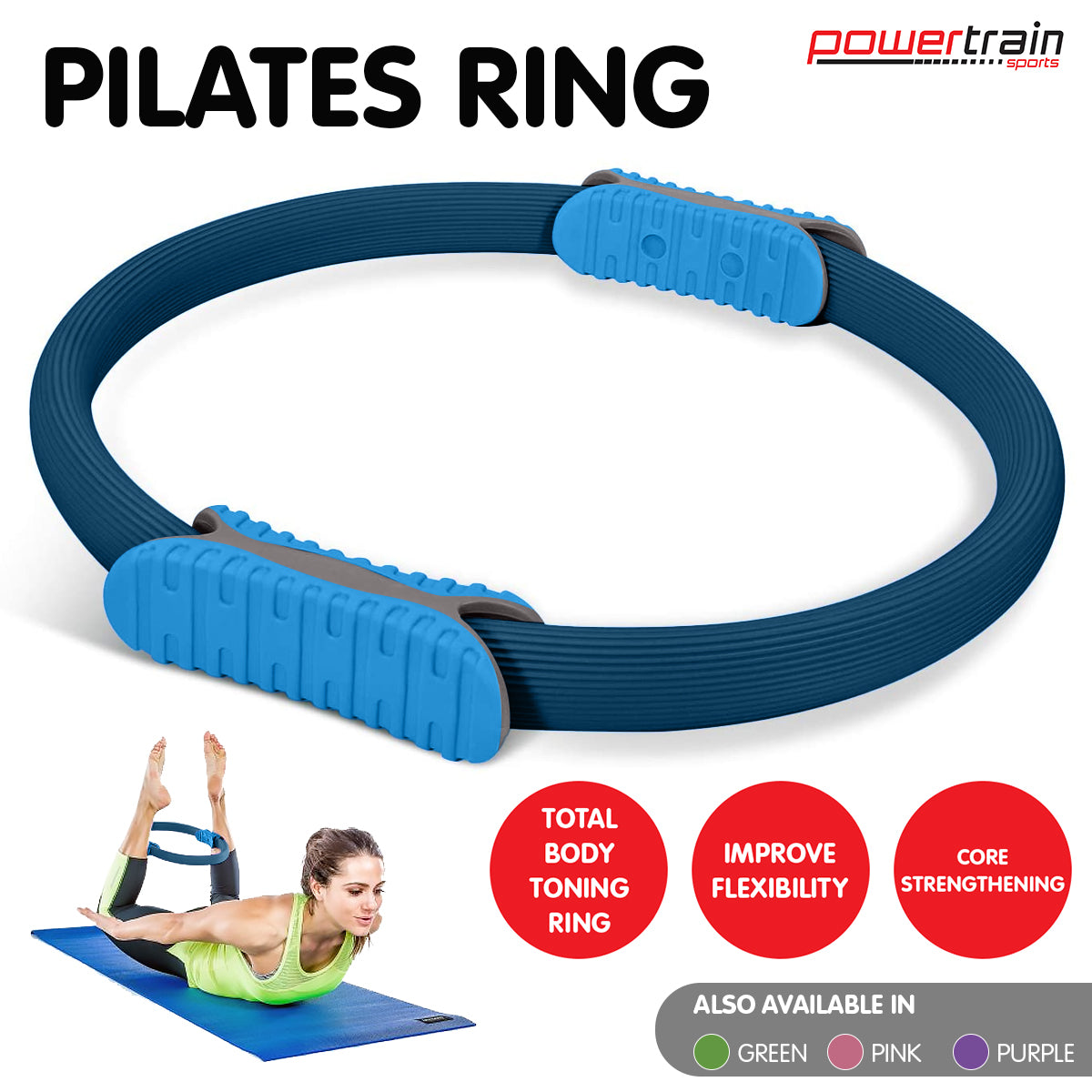 Powertrain Pilates Ring Band in blue color with soft foam handles, ideal for home workouts and muscle toning.