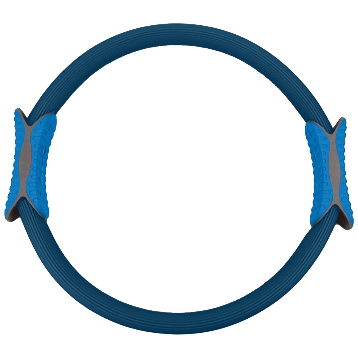 Powertrain Pilates Ring Band in blue color with soft foam handles, ideal for home workouts and muscle toning.