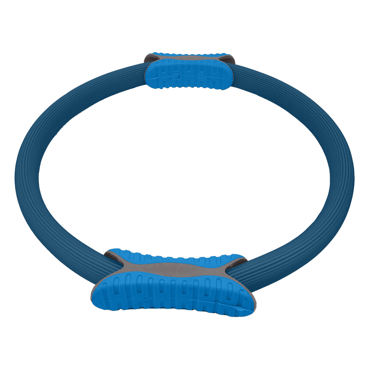 Powertrain Pilates Ring Band in blue color with soft foam handles, ideal for home workouts and muscle toning.